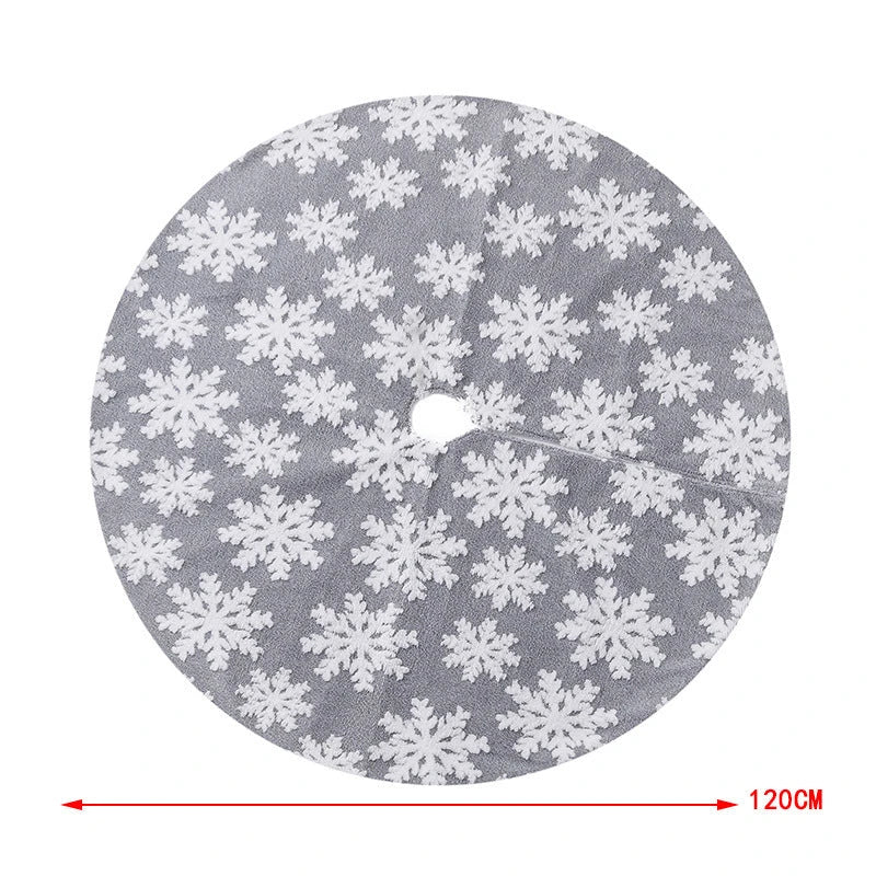 Soft, plush Christmas tree carpet skirt in red and grey, adding festive charm to a living room