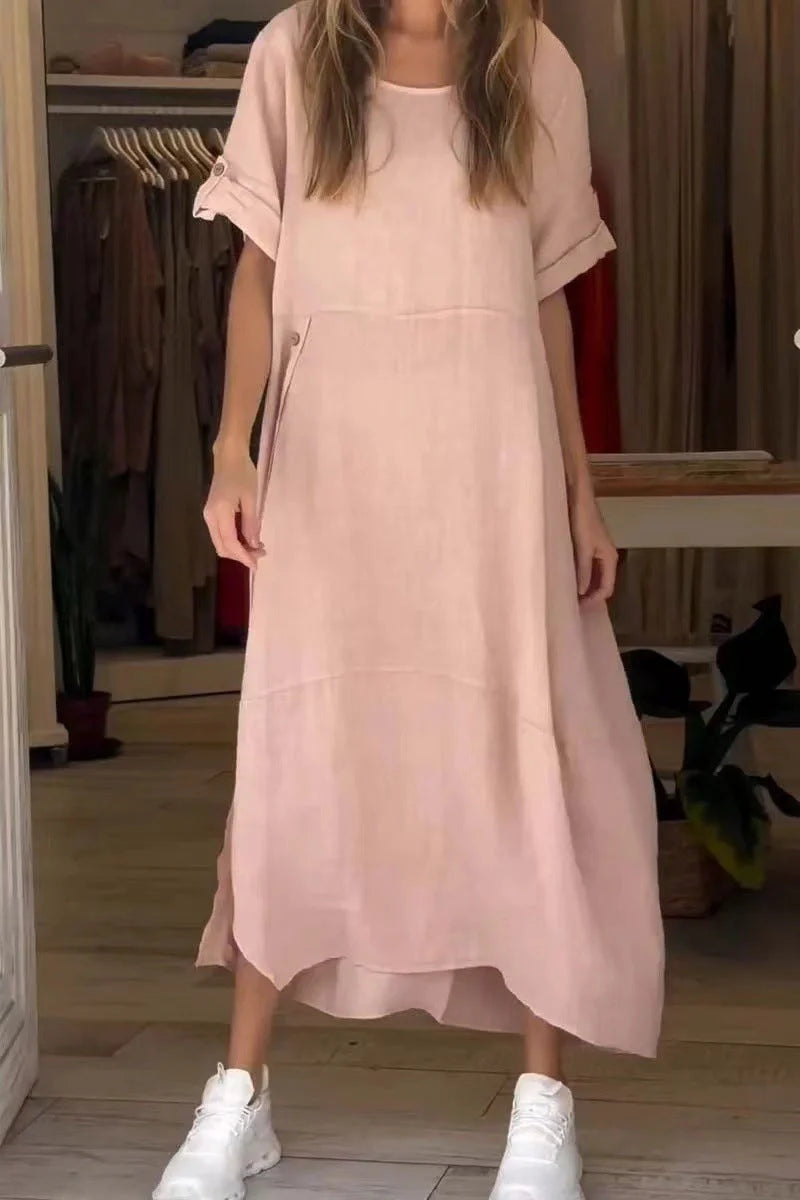 Loose casual short sleeve dress in cotton and linen with 3D effect, available in multiple colours