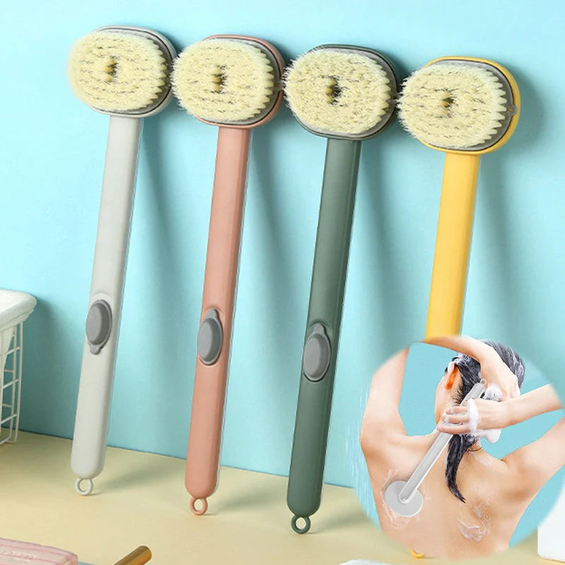Ergonomic dual-purpose shower brush with detachable head in yellow, grey, green, and pink