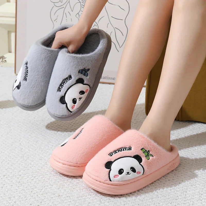 Cozy cartoon panda slippers with plush lining and anti-slip soles for comfortable indoor wear