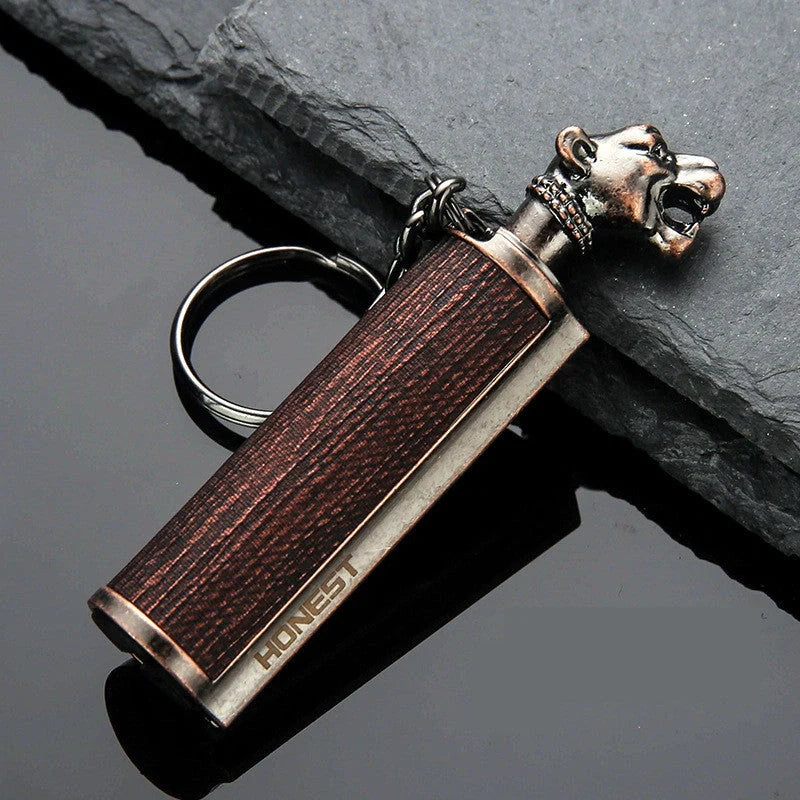 Metal keychain lighter with flint starter and bottle opener in various finishes