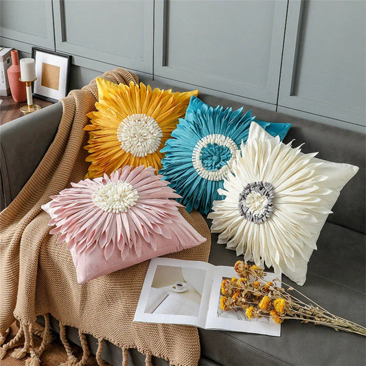 Decorative throw pillows in various colours featuring 3D chrysanthemum embroidery on a velvet surface