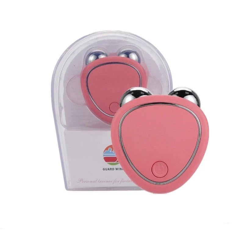 Portable facial micro-current beauty instrument with dual roller massager for lifting, firming, and reducing puffiness