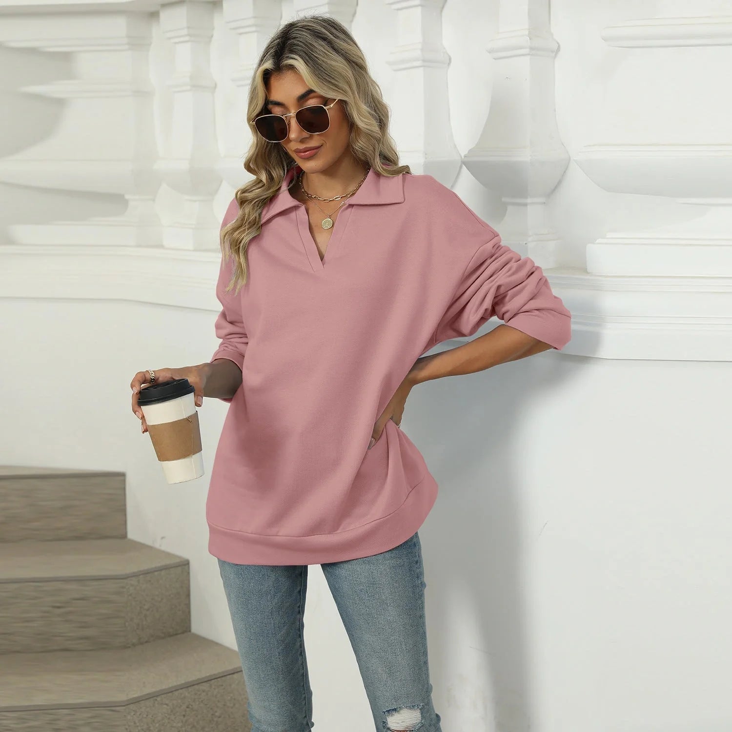 Women's Lapel V-neck Sweatshirt in solid colours with long sleeves