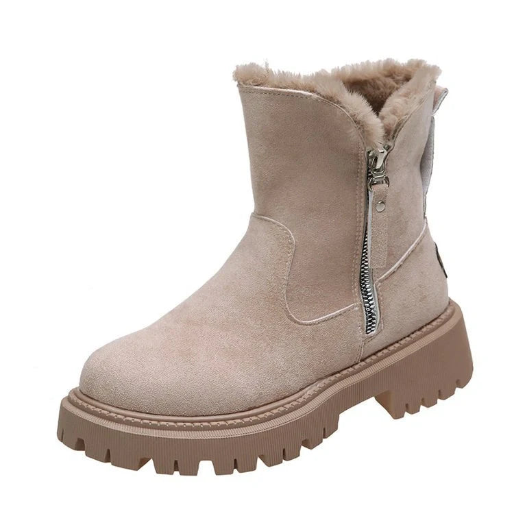 Women's foldable plush snow boots in black and khaki with round-toe design