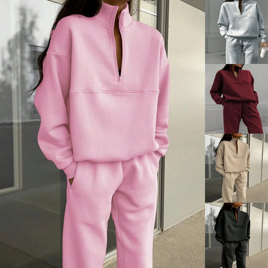 Women's long-sleeved sports sweatshirt suit with stand-up collar and elastic band trousers