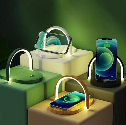 Foldable Wireless Charger with adjustable LED night light in white, black, green, and wood grain