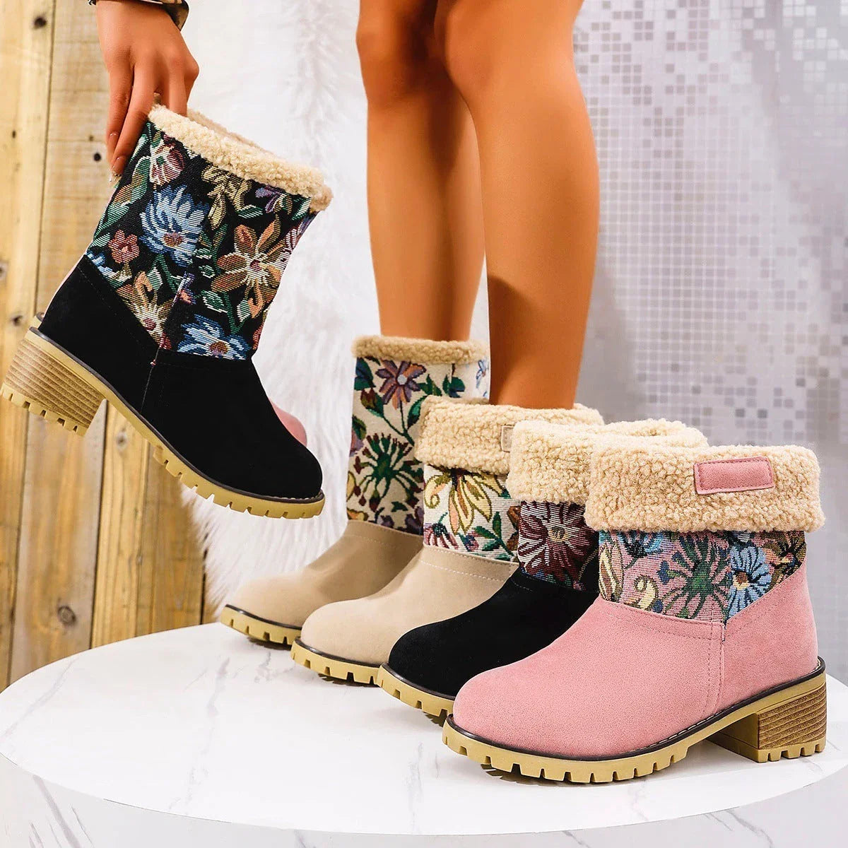 Stylish floral embroidered snow boots for women in multiple colors and sizes