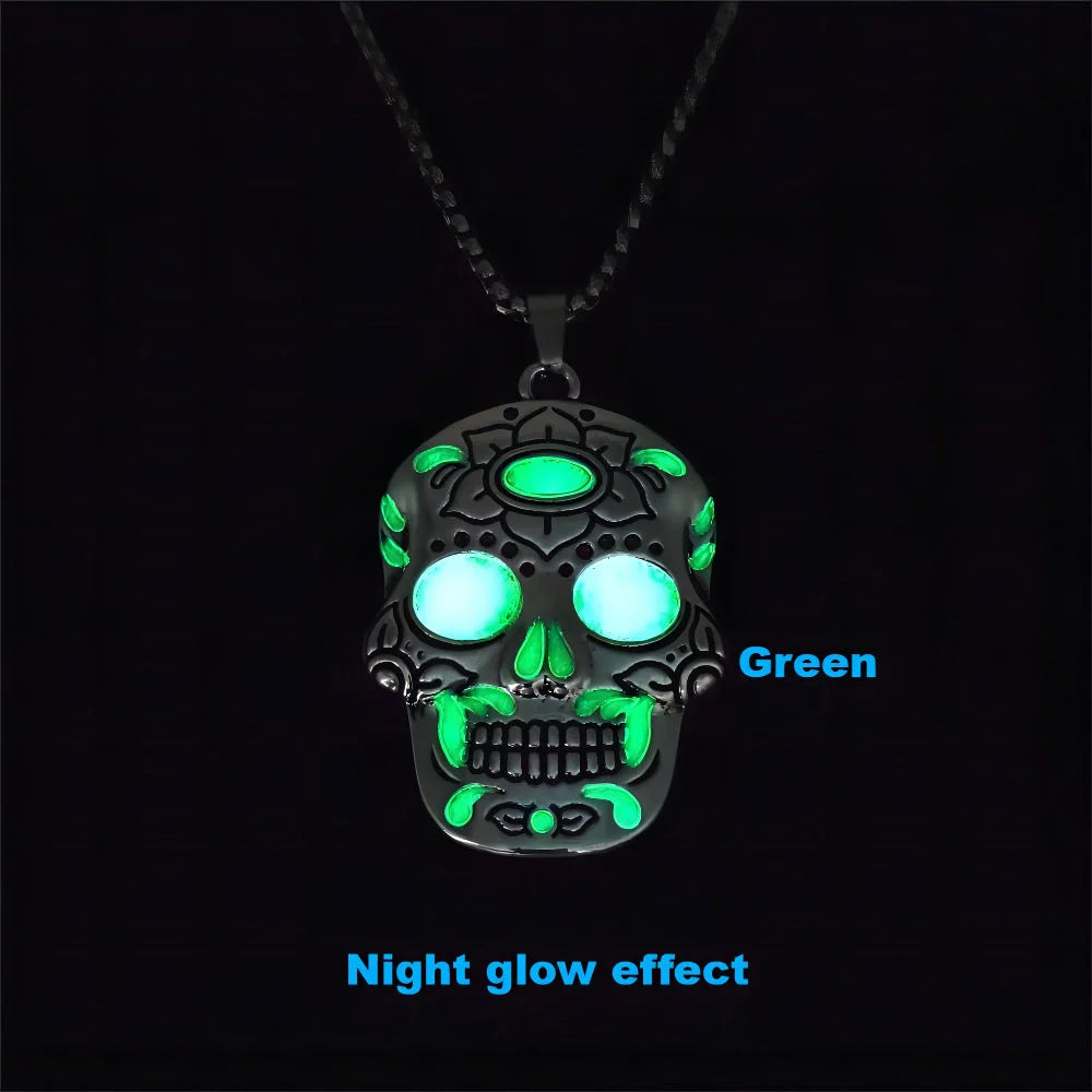 Halloween Luminous Skull Necklace with Day of the Dead Lotus Pattern