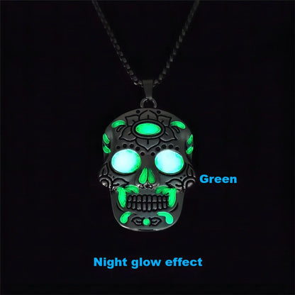 Halloween Luminous Skull Necklace with Day of the Dead Lotus Pattern