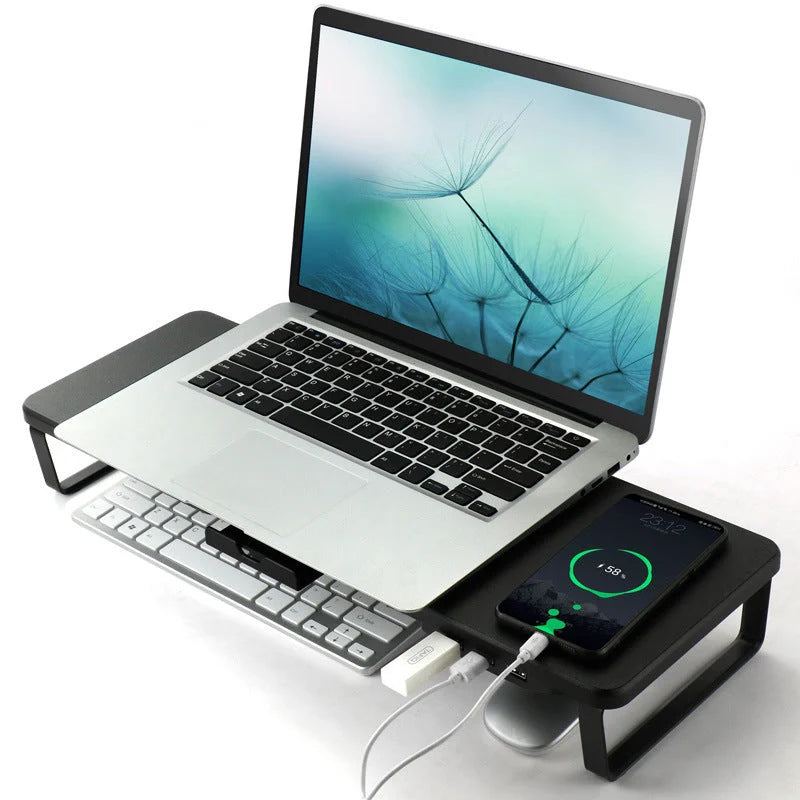 Ergonomic monitor holder riser with USB ports and cell phone holder in dark wood finish