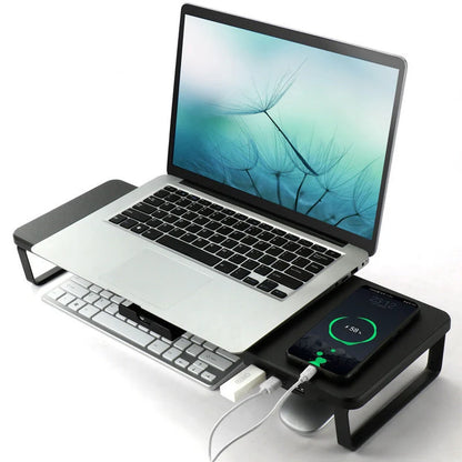 Ergonomic monitor holder riser with USB ports and cell phone holder in dark wood finish