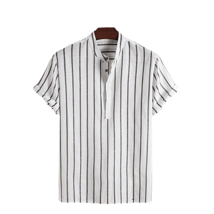 Men's striped cotton short sleeve shirt in white, red, grey, and blue