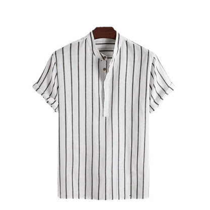 Men's striped cotton short sleeve shirt in white, red, grey, and blue