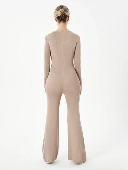 Zippered Round Neck Flared Trousers in black, white, khaki, and brown