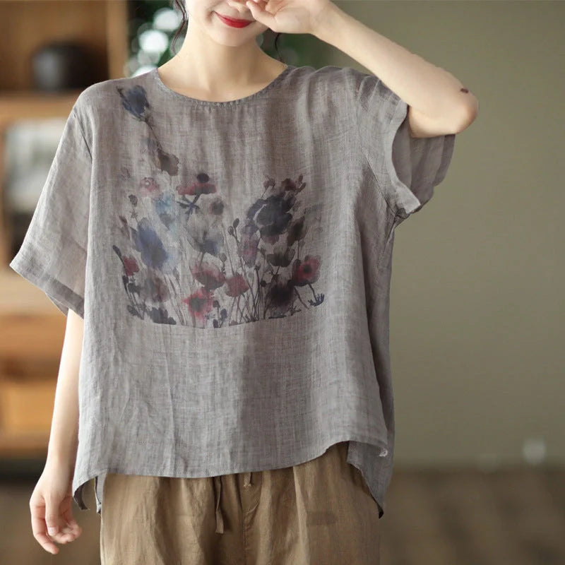 Vintage ink print casual T-shirt for summer in white, champagne, and dark gray