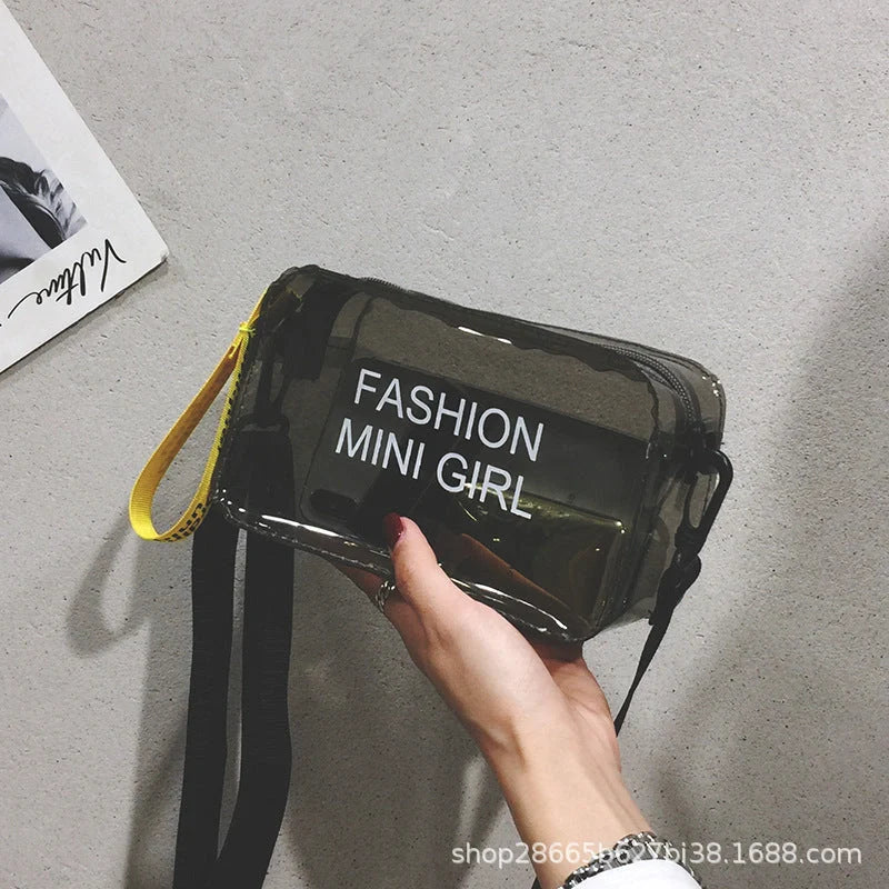Transparent square fashion shoulder bag with adjustable strap and internal phone compartment