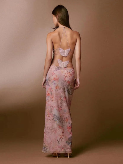 Stylish floral halter dress with spaghetti straps and butterfly back design, available in various vibrant colors