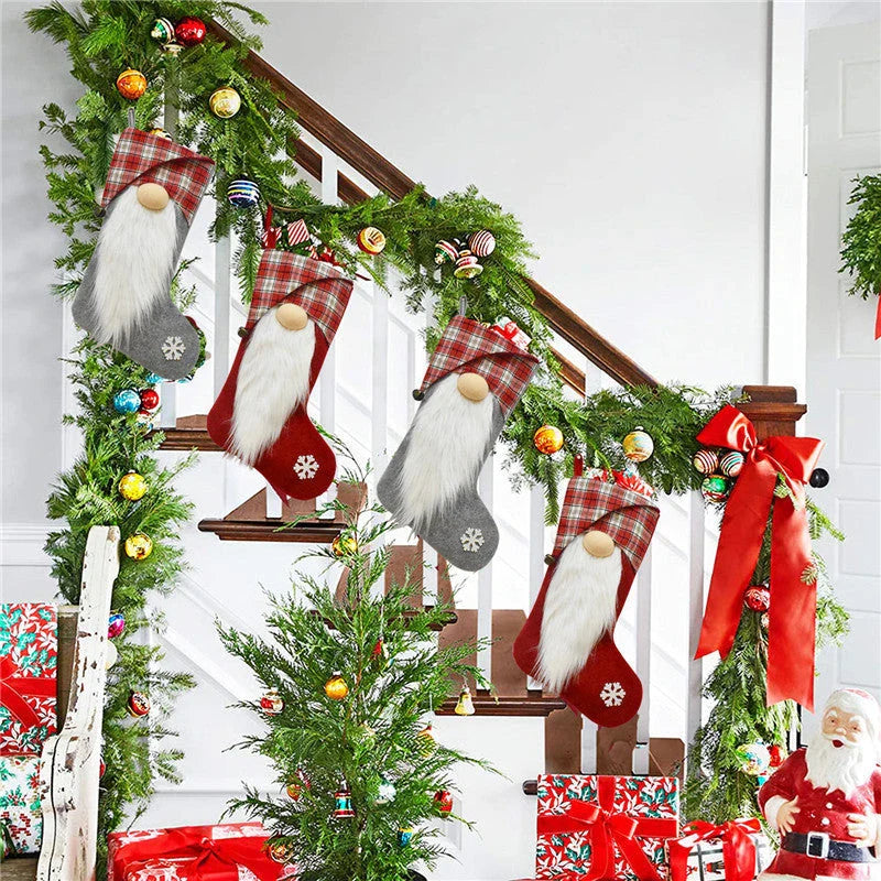 Premium Christmas stockings with plaid patterns and 3D Christmas dwarf designs, perfect for festive home decor