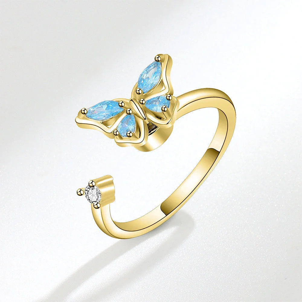 Adjustable rotatable butterfly ring for women with zircon inlay, available in multiple designs