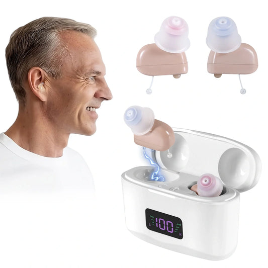 Portable hearing aid charging case with sound amplifier in sleek skin color