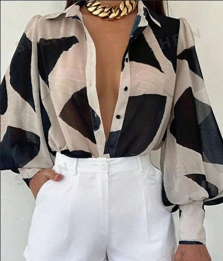 Women's loose geometric print lantern sleeve blouse in multicolor and orange