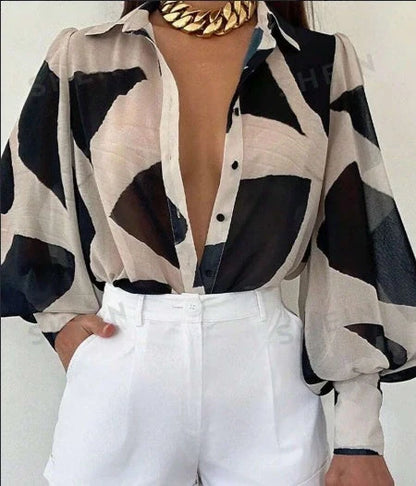 Women's loose geometric print lantern sleeve blouse in multicolor and orange