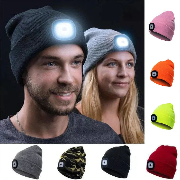 LED Knit Hat with built-in light for night visibility, made from 100% wool