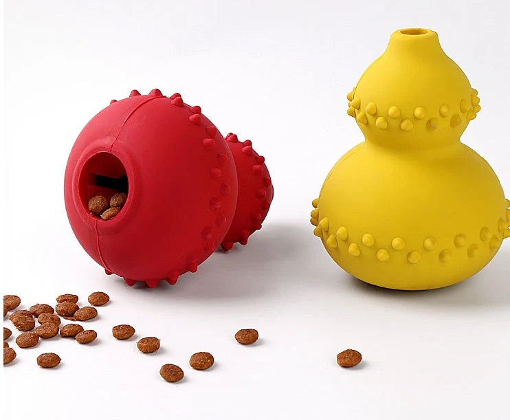 A durable, interactive dog toy made of natural rubber that dispenses treats as the dog plays with it