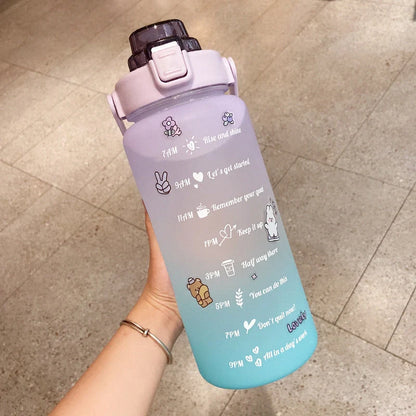 2000ml gradient colour water bottle with straw and stickers, leak-proof design