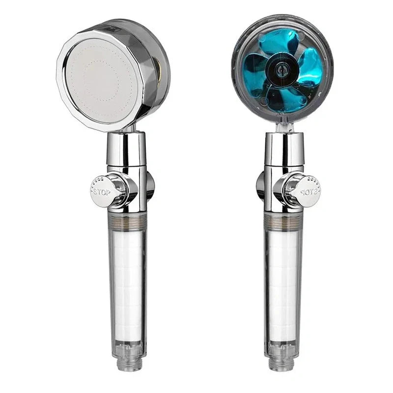 Turbo Propeller Shower Head in various colours with 360-degree fan extension
