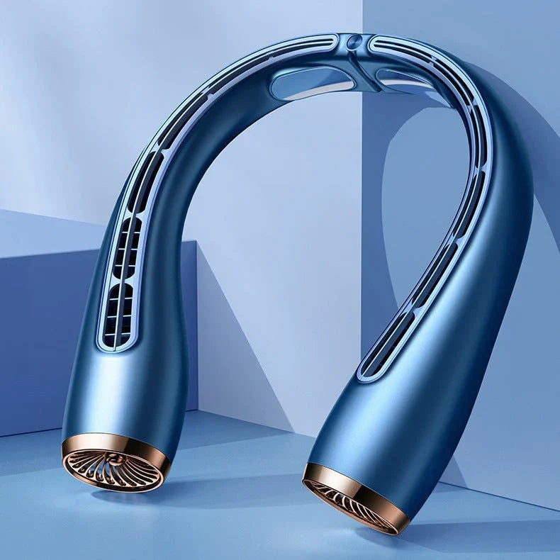 Neck-mounted bladeless fan with imitation aircraft turbine design, dual air outlets, and chilled aluminium sheets for rapid cooling