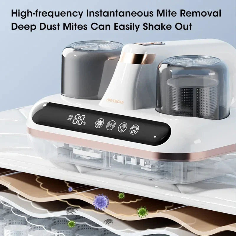 Cordless handheld mattress vacuum cleaner with powerful suction, UV sterilization, and HEPA filtration for deep cleaning beds, pillows, and home surfaces