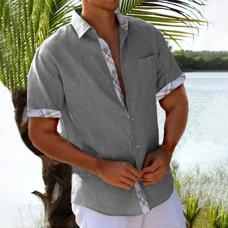 Men's summer plaid short sleeve shirt with unique side detail for beach and vacation wear