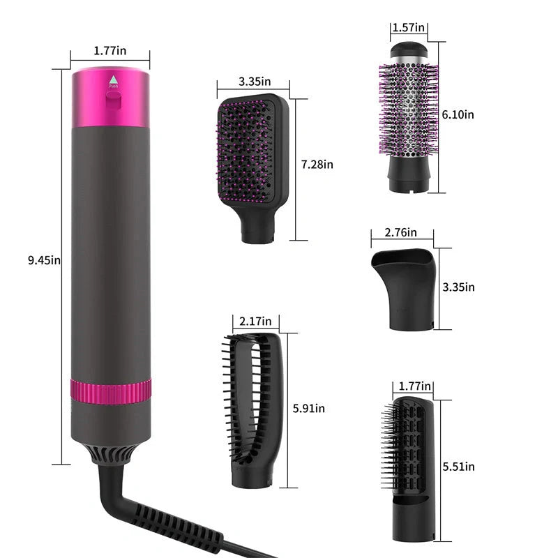Professional 5-in-1 Hair Dryer Brush in Dyson Grey with multiple attachments for versatile styling