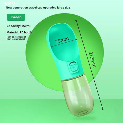 Portable pet water bottle and food bowl made of durable plastic, available in multiple colors for outdoor adventures with your furry friend.