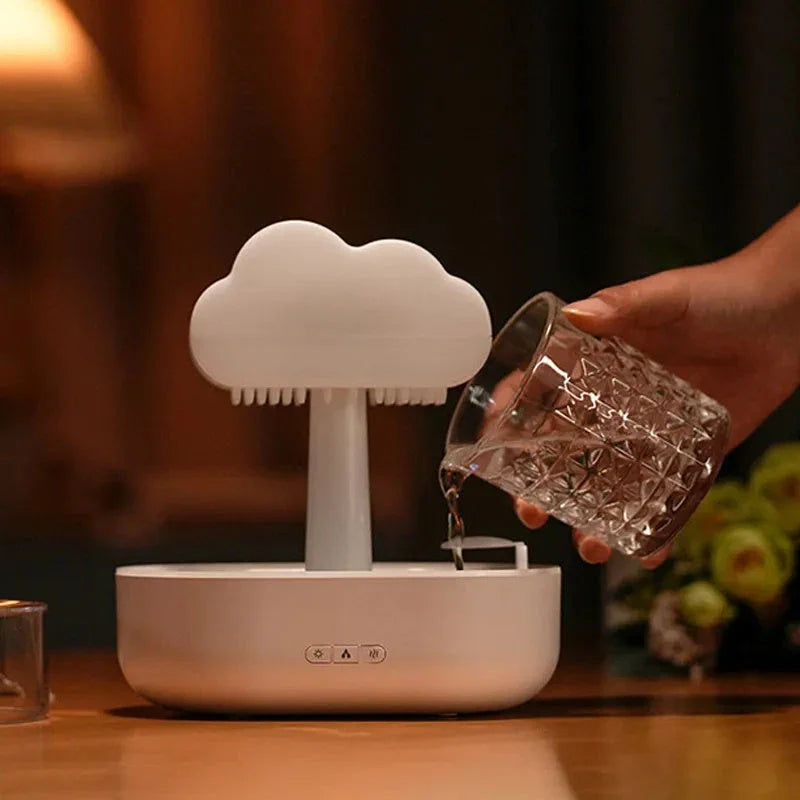 Stylish rain cloud-inspired humidifier with color-changing LED lights and essential oil diffuser for a relaxing and aromatic experience