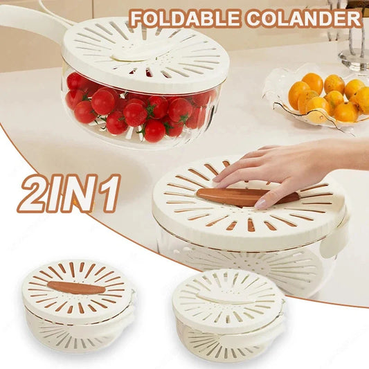 Versatile fruit drain basket with lid and foldable handle for fresh produce storage