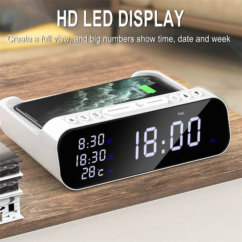 15W Three-in-one Wireless Charger with Temperature Tester and Multi Alarm Clock in black and white