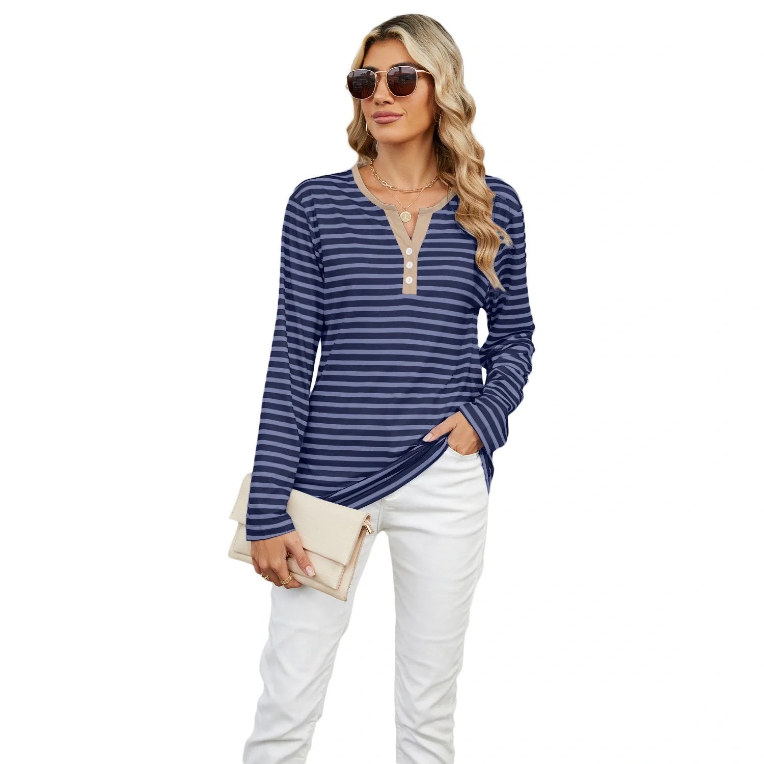 Women's V-neck striped loose long-sleeved t-shirt top in various colours