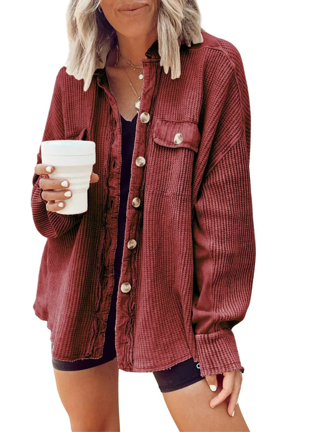 Women's button shirt jacket with lapel and long sleeves in various colours