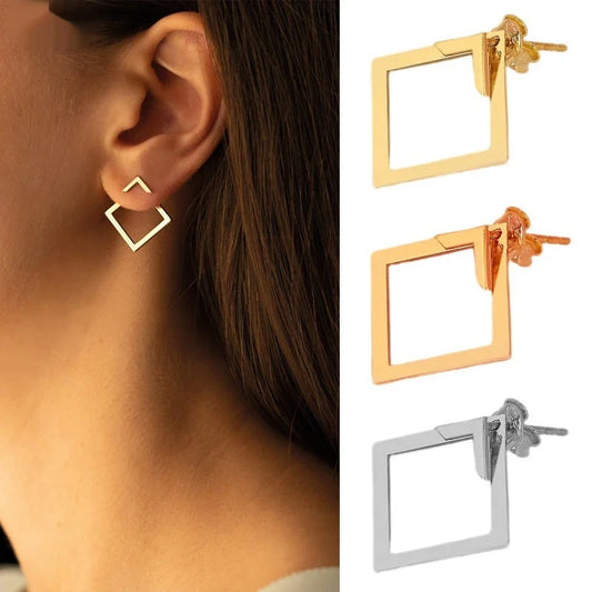 Stylish square geometric titanium steel earrings for women in gold, steel, and rose gold.