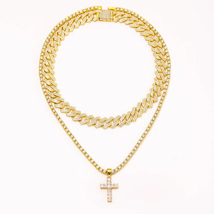 Exquisite cross pendant necklace with rhinestone paving, available in gold and silver colours with various chain styles