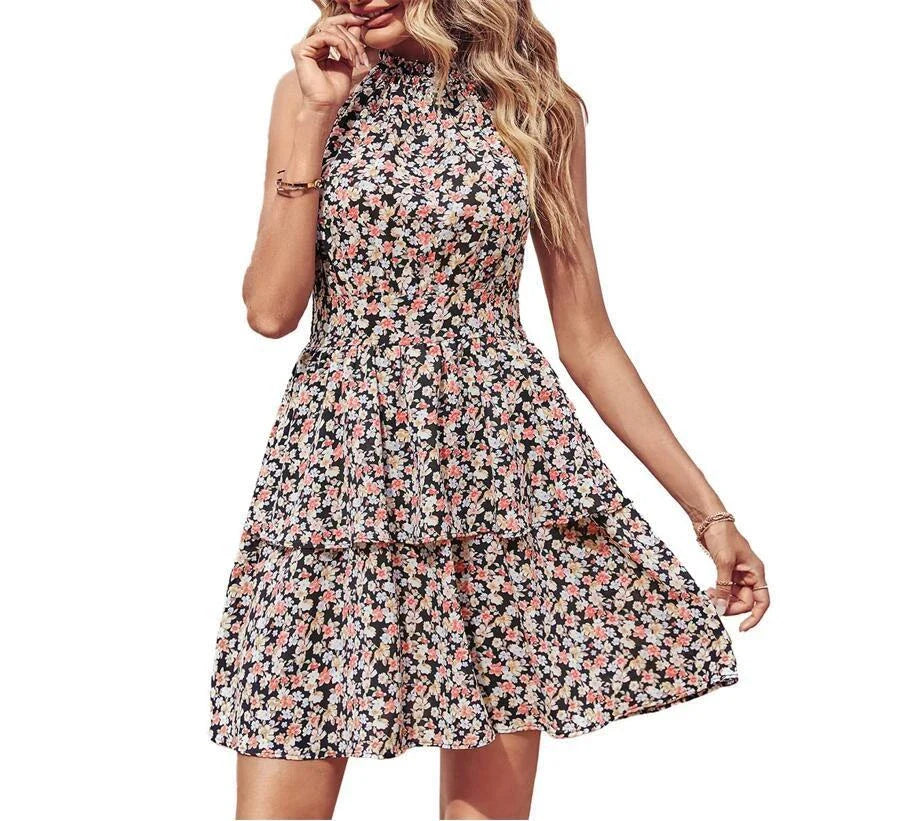 Stylish backless halter dress in various colors, featuring a ruffled A-line silhouette and comfortable polyester fabric for summer fashion