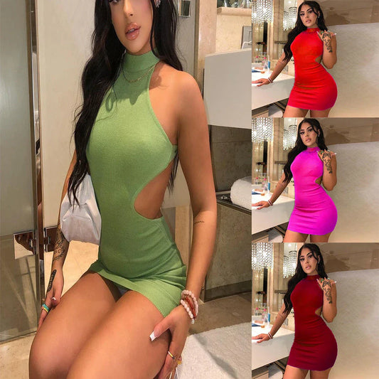 Elegant high neck cocktail dress with unique wrapped back design, available in various colors and sizes