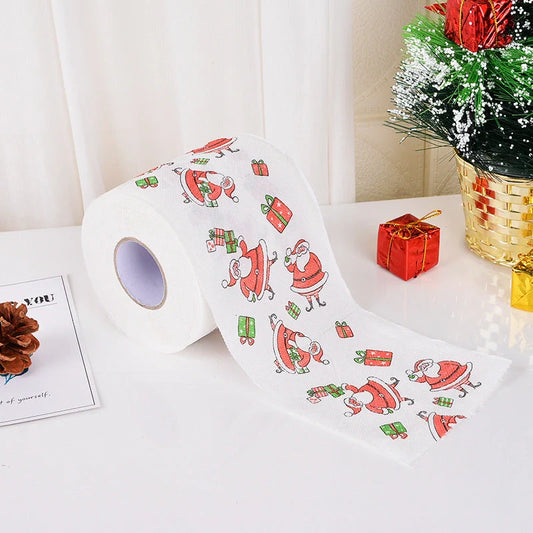 Christmas themed toilet roll with Santa Claus and holiday designs
