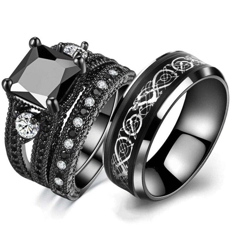 Dragon pattern stainless steel ring in black gold, showcasing intricate design and polished finish.