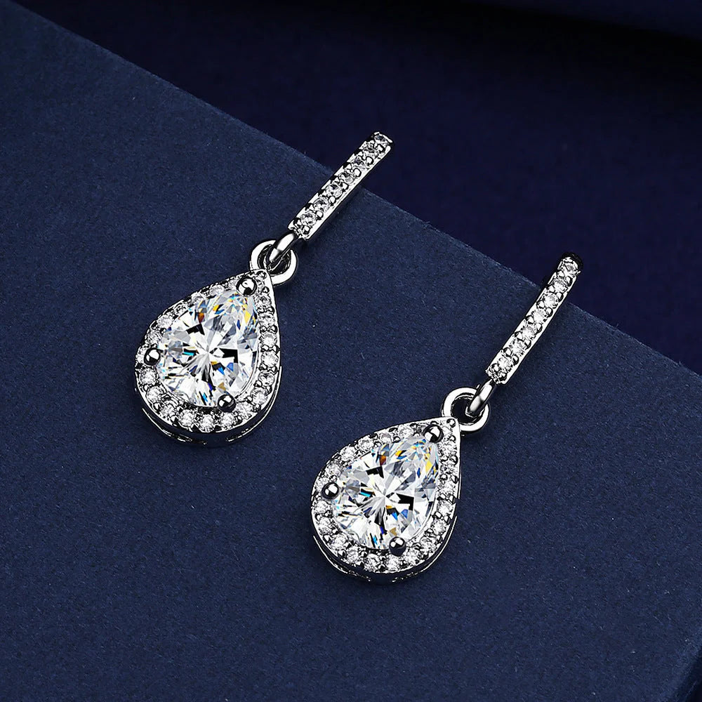 Drop shape ear studs with micro inlaid zircon stones in white gold colour finish