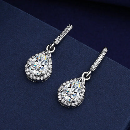 Drop shape ear studs with micro inlaid zircon stones in white gold colour finish