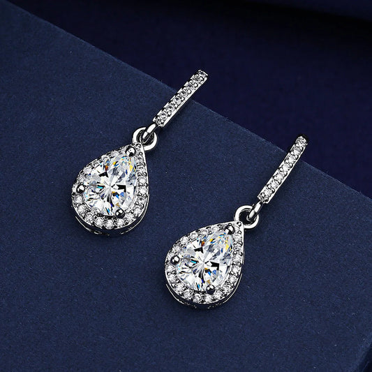 Drop shape ear studs with micro inlaid zircon stones in white gold colour finish
